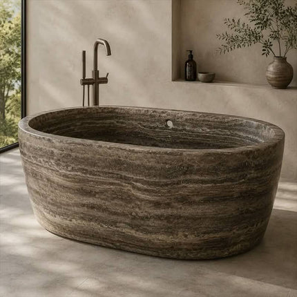 Modern Travertine Freestanding Bathtub Oval Stone Soaking Tub Natural Style For Luxury Bathroom