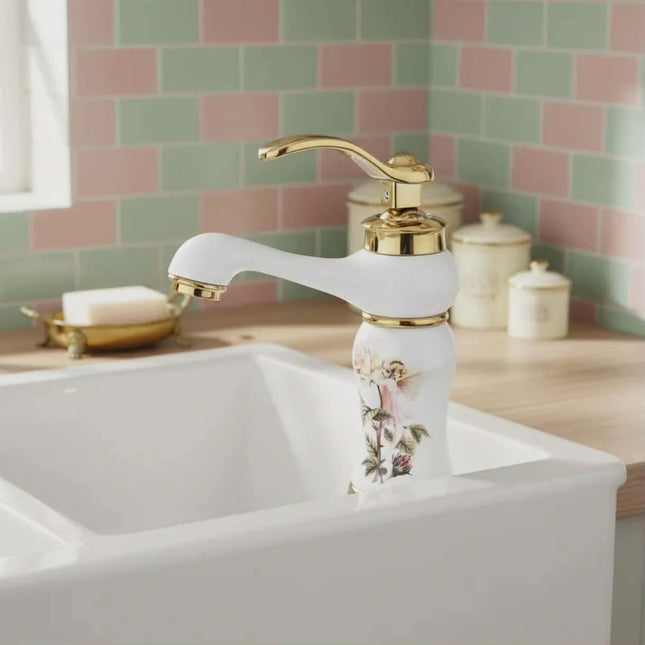 Vintage Style White & Gold Bathroom Faucet with Floral Design – Elegant Single Handle Sink Mixer Tap for Classic Bathroom Decor