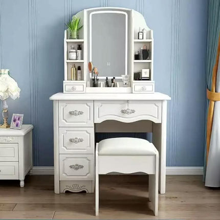 Modern White Wood Makeup Dressing Table With LED Light Large Mirror Cushioned Stool Panel Style Drawers For Bedroom