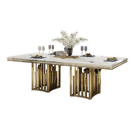 Light Luxury Rectangular Marble Dining Set – Glossy Rock Plate Chairs, Stainless Steel Frame for Dining Room