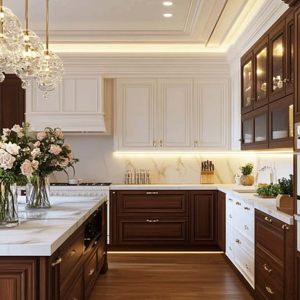Custom Built Modern Classic Design Kitchen Storage Units - Eco-Friendly Kitchen Cabinet with Gold Hardware & Marble Top