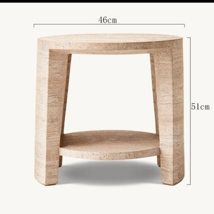 Honed Banded Travertine Side Table Upper and Lower Round Layers Hollow Middle Space Resort Hotel Guest Bedside Table