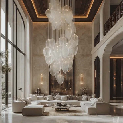 Custom White Feather Glass Round Modern High Hanging Pendant Lamp Large Luxury Chandelier