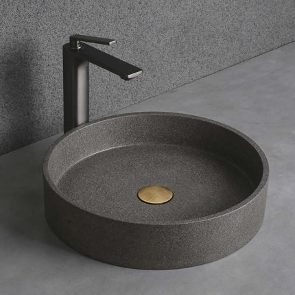 Modern Round Stone Vessel Sink with Matte Black Faucet – Sleek Minimalist Bathroom Basin