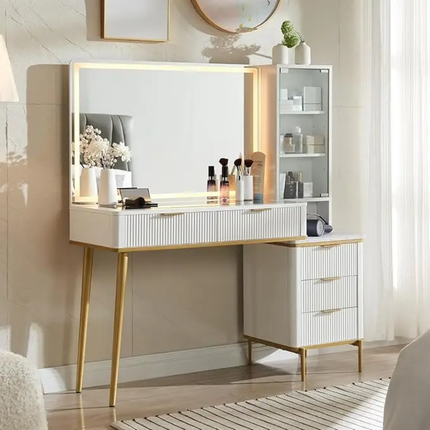 Modern 36\" HD Lighted Mirror Makeup Vanity Desk 48\" Big Mirror 5 Drawers Shelves Glass Top White Bedroom Dressing LED Feature
