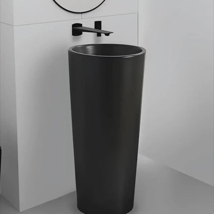Modern Matte Black Freestanding Pedestal Sink with Wall-Mounted Faucet – Minimalist Bathroom Design