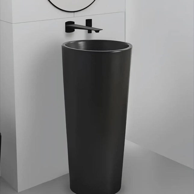 Modern Matte Black Freestanding Pedestal Sink with Wall-Mounted Faucet – Minimalist Bathroom Design