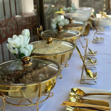 Restaurant Equipment 4.5Litres Golden Stand Buffet Food Warmer Catering Party Gold Round 8L Chafing Dish Glass Lid Soup Pot
