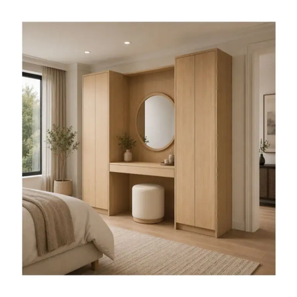 Modern Full Height Vanity Set with Round Mirror Cabinet and Wooden and Dressing Table  Cream White for Master Bedroom