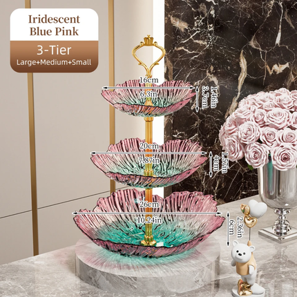 Luxury 2/3 Tier Gradient Petal Plastic Fruit Plate Crown Gold Handle Food Grade Snack Candy Serving Tray For Wedding Party Decor