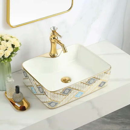Black Square Ceramic Vessel Sink Gold Pattern Countertop Wash Basin Art Design Vanity Basin For Bathroom Wholesale Supplier