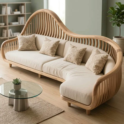 Elegant Scandinavian Wooden Sofa with Unique Curved Backrest Design For Modern Home Decoration