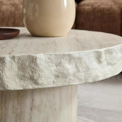 Modern beige travertine accent coffee table with rough chiseled edge stone side table for home decor