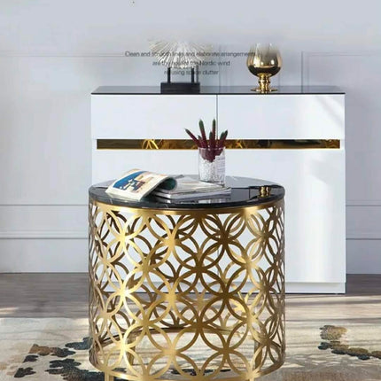Luxury Modern Marble Side Table With Gold Hollow Metal Frame For Living Room Bedroom Decor