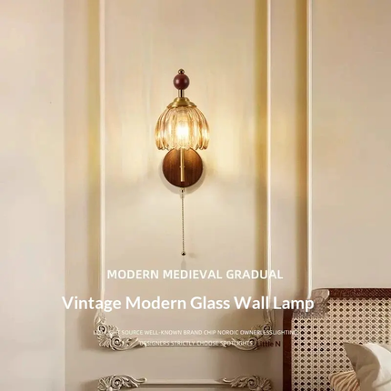 Medieval Style LED Iron Frame Glass Bell Shade Wall Lamp For Living Room and Corridor Pull-Chain Control