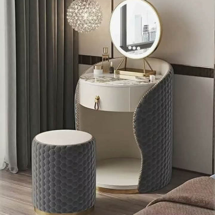 French European Luxury Solid Wood Vanity Set Lighted Adjustable Mirror Stool Modular Storage Space-Saving For Apartment Bedroom