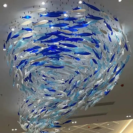 Luxury Custom Ocean Theme Fish Blue Glass Decor Pendant Chandelier Ceiling Mounted Lamp Home Villa Stairs