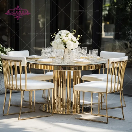 Modern Gold Stainless Steel Metal Glass Top Round 8-Seater Dining Table For Hotel Outdoor Patties and Events