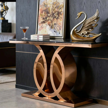 Luxury Modern Console Table with Rose Gold Stainless Steel Base & Black Marble Top