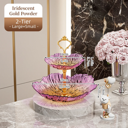 Luxury 2/3 Tier Gradient Petal Plastic Fruit Plate Crown Gold Handle Food Grade Snack Candy Serving Tray For Wedding Party Decor