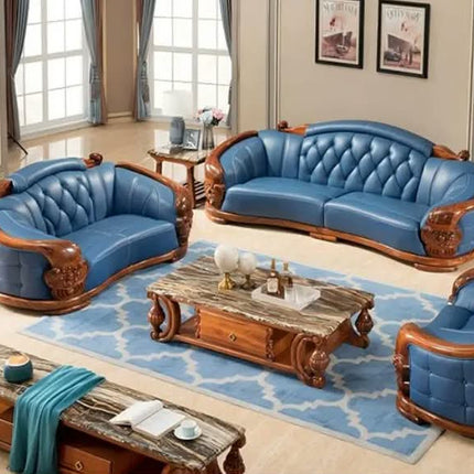 Luxury Royal Style European Handmade PU Leather L-Shape Sofa Set With Ebony Wood Carving For Living Room Palace Design