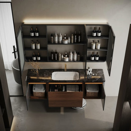 Vintage embossed solid wood floating bathroom vanity with marble wash basin, smart LED mirror cabinet