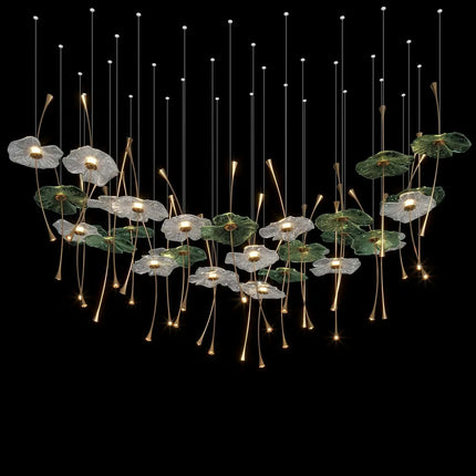 luxury High Ceiling Lotus Leaf Art Glass Chandelier Pendant Light for Villa Stairwell & Lobby