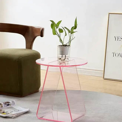 Modern Transparent Acrylic Side Table with Pink Edges Minimalist Design For Living Room Decor