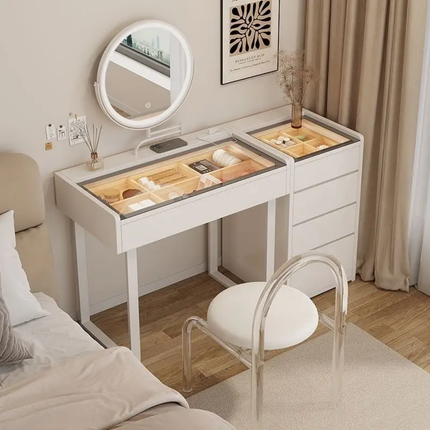 Modern Hot Sale White Glass Top Vanity Dressing Table with Drawer and Lighted Mirror Bedroom Furniture