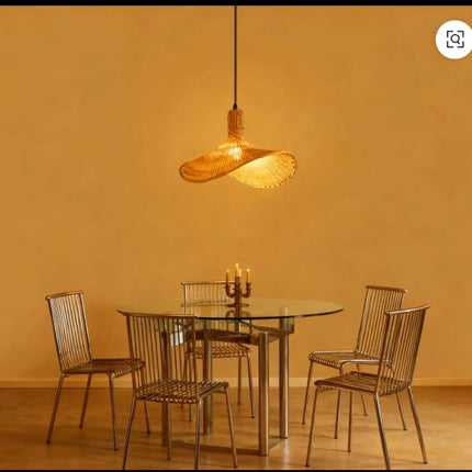 Modern Minimalist Dining Room with Sculptural Pendant Light and Glass Table Set