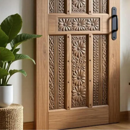 Luxury Handcrafted Floral Carved Solid Wood Sliding Barn Door Artistic Decorative Interior Entryway