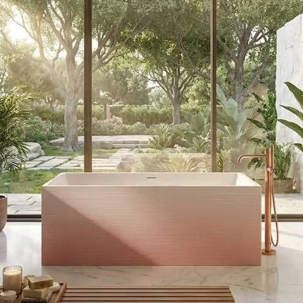 Gradient Pink Freestanding Bathtub with Vertical Stripes Modern Acrylic Soaking Tub for Bathroom