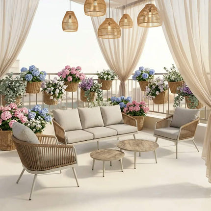 4-Piece Rope Woven Modern Outdoor Conversation Set Cream Anti-Rust Aluminum Frame Nesting Coffee Table Textured Grey Sofa Garden