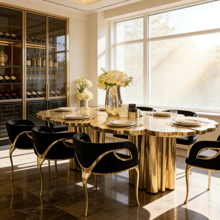 Luxury Modern Gold Stainless Steel Dining Table – Unique Designer Shape, 8 Seater for Villa Hotel Restaurant