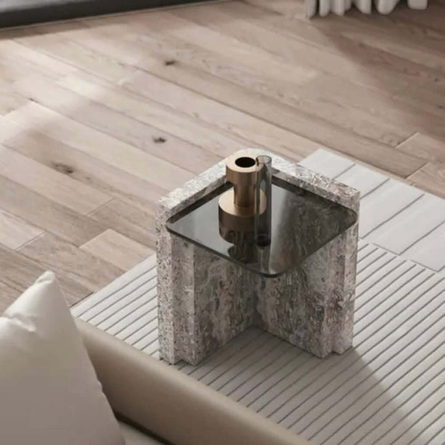 Modern Side Table For Living Room Home Furniture with Tempered Glass Top and Marble For Sofa Use