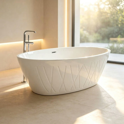 Acrylic Soaking Standing Bathtub White Oval Apron Withe Acrylic Freestanding Bath Tub with Decorative Pattern Surface Design