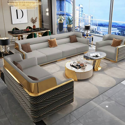 Luxury Velvet Upholstered Living Room Sofa Set Stainless Steel Back Stripe Decoration Sofa Furniture for Villa
