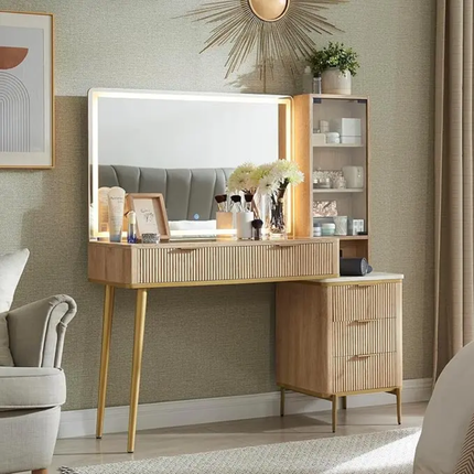 Modern 36\" HD Lighted Mirror Makeup Vanity Desk 48\" Big Mirror 5 Drawers Shelves Glass Top White Bedroom Dressing LED Feature