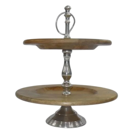 Luxury 2-Tier Wooden Cake Stand With Gold Brass Floral Branch Frame Elegant Rustic Mango Wood Cupcake Display & Serving Tray