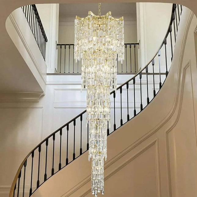 Modern Custom Long Luxury Decoration Hotel Lobby Staircase Hanging Pendant Light Steel Crystal Ring Led Chandeliers