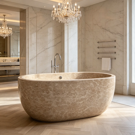 Custom Egypt Beige Marble Freestanding Hot Tub Luxury Stone Bathtub For Villas And Hotel Bathroom Renovation