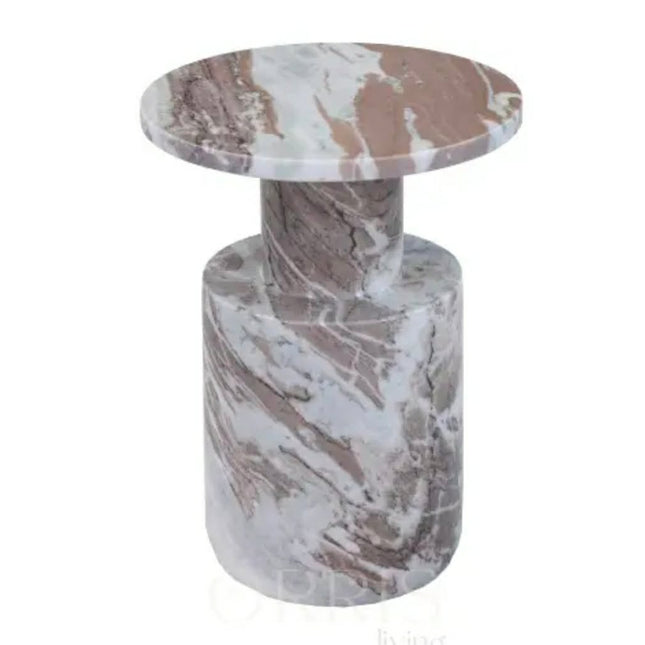 Crema Fantasy Marble Side Table Modern Handmade Accent Nightstand Cylindrical Pedestal Base Bedroom Furniture Dining Apartment