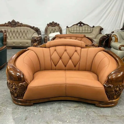 Luxury Royal Style European Handmade PU Leather L-Shape Sofa Set With Ebony Wood Carving For Living Room Palace Design
