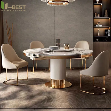 Designer Luxury Round Dinning Room Marble Rock Slab Dining Table Set 4 6 Chairs Mesa De Comedor Marbre Stainless Steel Gold Base