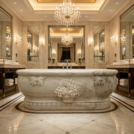 Luxury Hand Carved White Marble Freestanding Bathtub with Lion Heads for Villa Hotel Spa & Palace Bathroom Decor