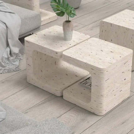 Modern Nordic Side Table White Travertine Marble Minimalist Square C-Shaped for Home Living Room
