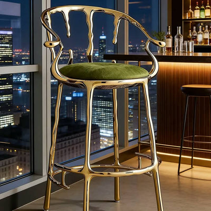 Olive Green Velvet Seat High-End Luxury Counter Stool Artistic Dripping Brass Bar Chair  for Restaurant Villa Interior