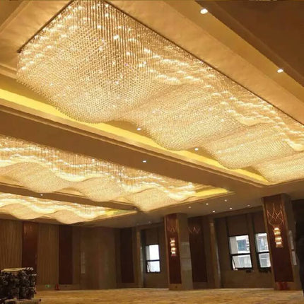 Custom Rectangular Wave Shape Luxury Hotel Crystal Chandeliers Modern Banquet Hall Events Custom Large Flush Mount Ceiling Lamp