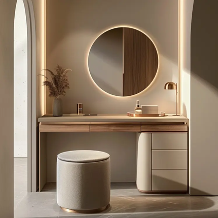 Modern Luxury Cream Solid Teak Wood Makeup Vanity Adjustable Lighted Mirror Dressing Table Chest Drawers For Apartment Bedroom