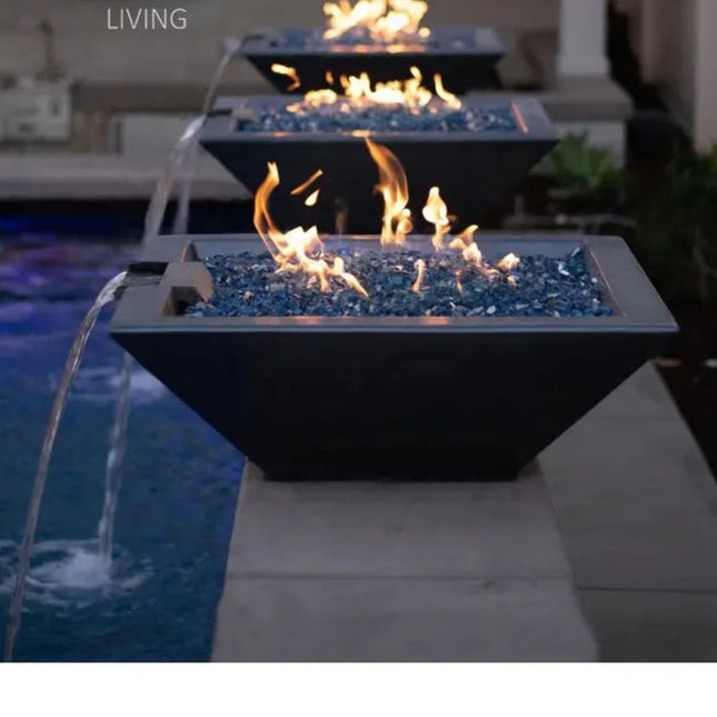 Modern Outdoor Fire and Water Bowl – Gas Fire Pit Fountain with Waterfall for Pool, Patio & Garden Decor